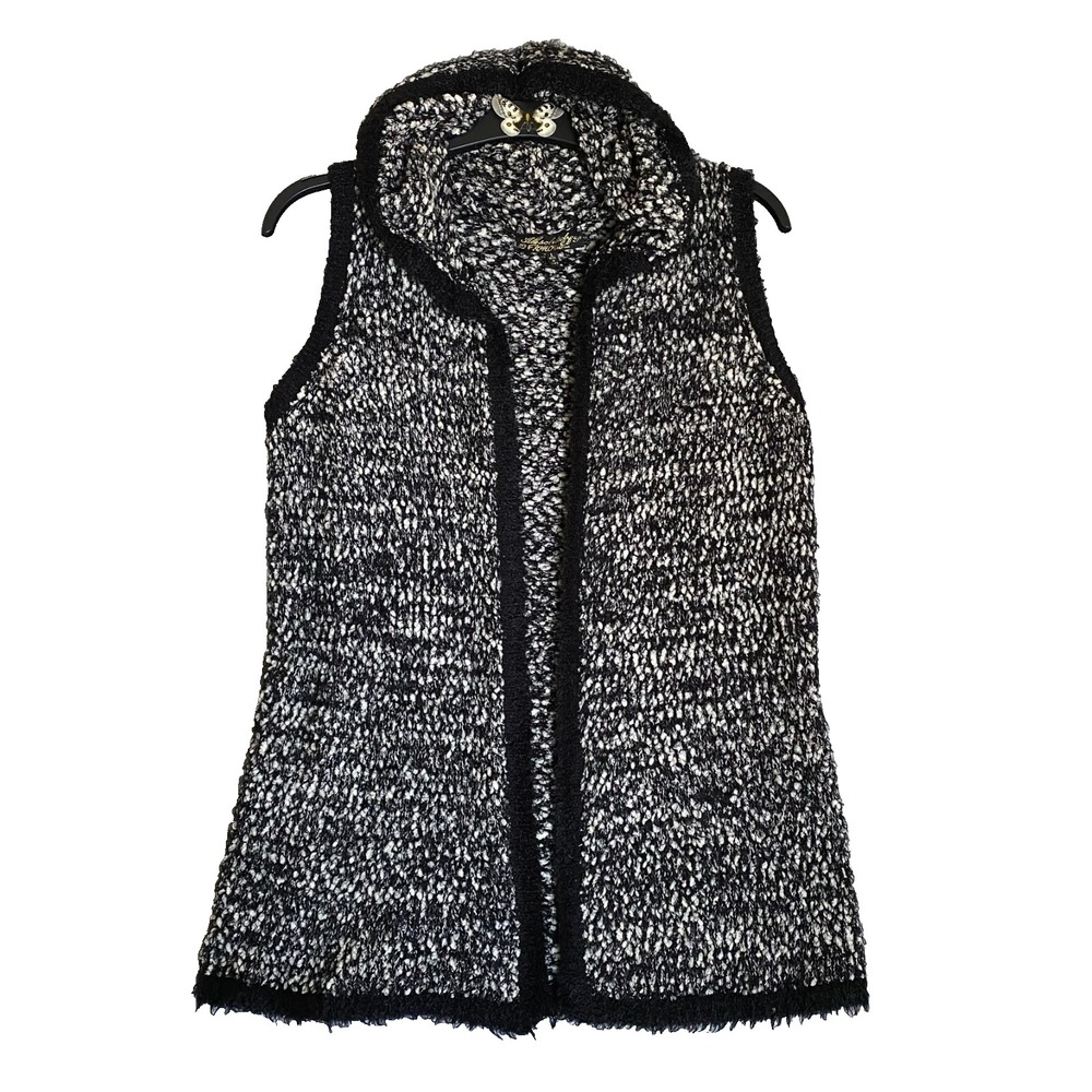 Absolutely Famous Womens Sleeveless Knit Cardigan Black/White Size L Hooded Open